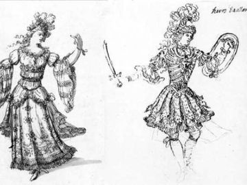 Armide projets de costumes par Jean Berain nymphe et héros pour Armide de Quinault et Lully, 1686